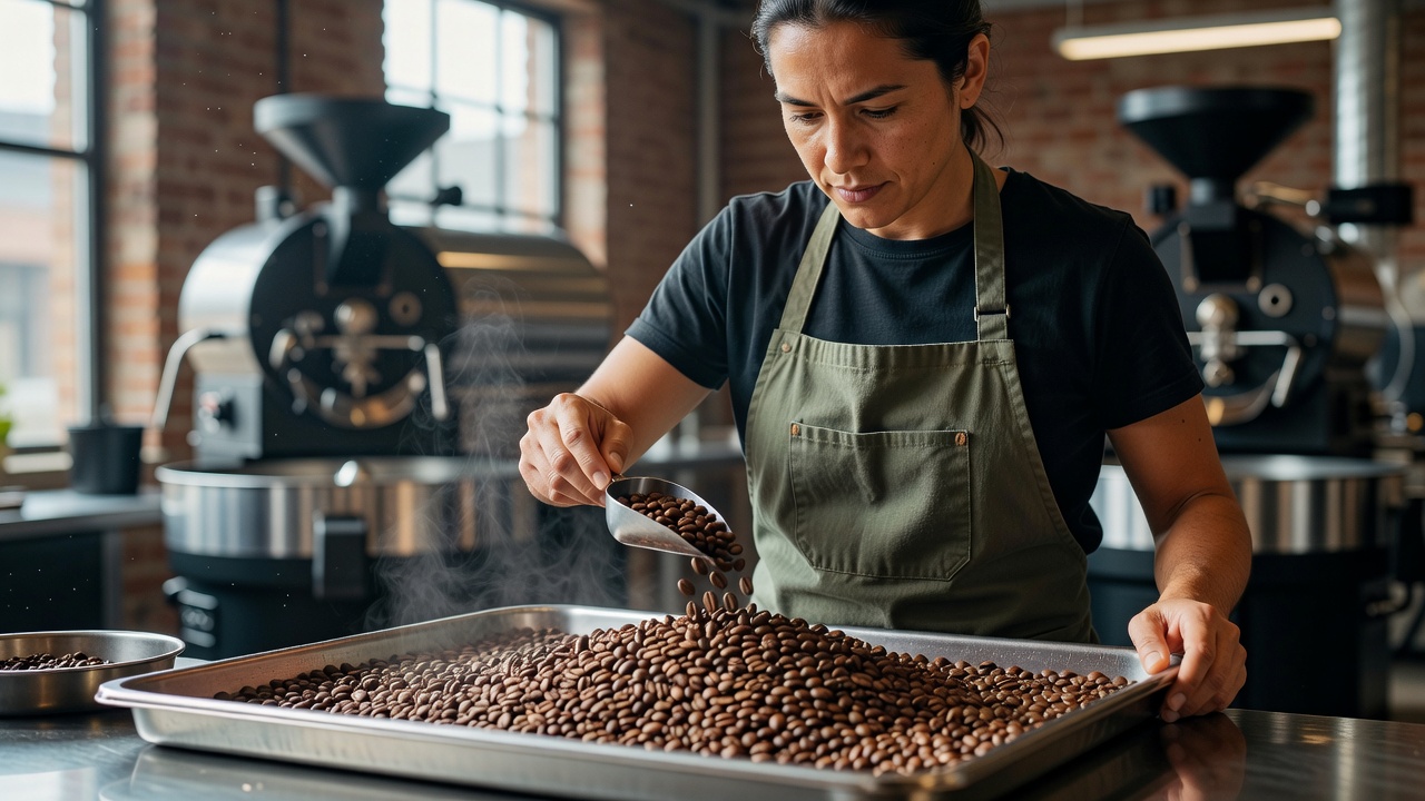 Barista examining freshly roasted coffee beans for color uniformity