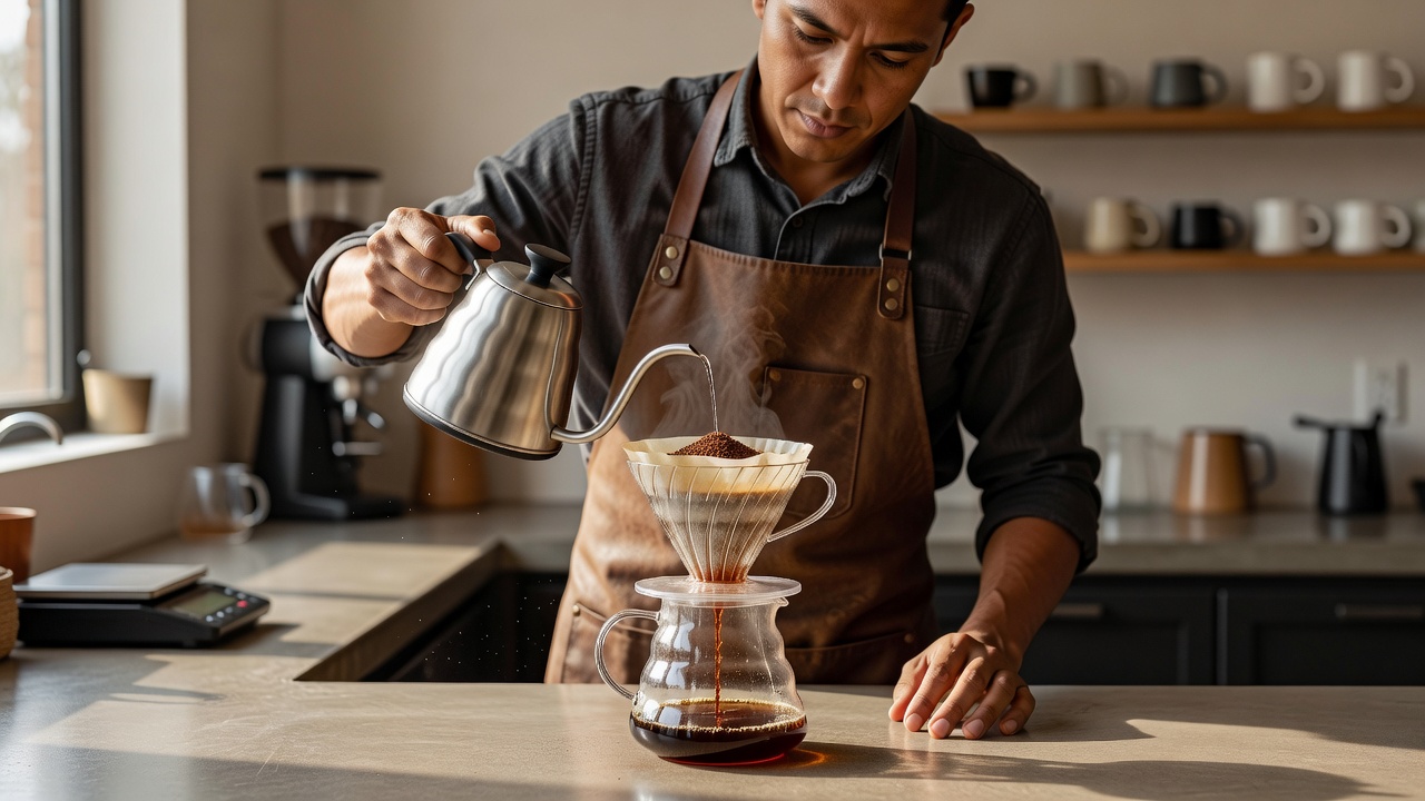 Barista extracting single origin pour over coffee using precise water flow