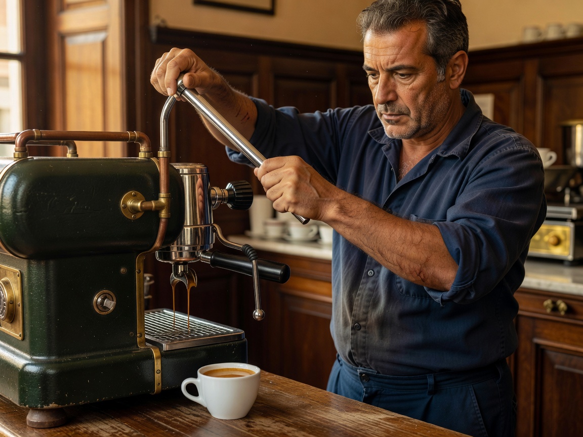 Barista pulling a shot on a vintage lever machine