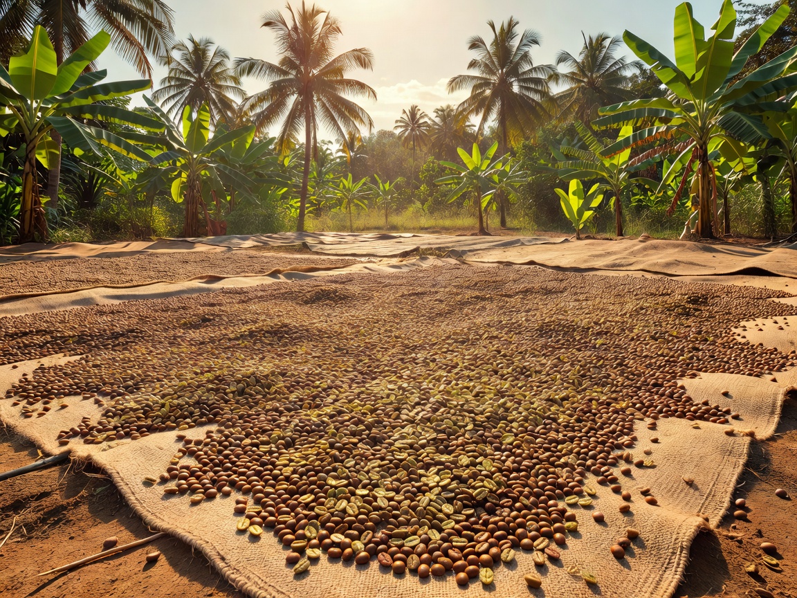 Sumatran coffee beans drying under tropical sun following wet-hulling process