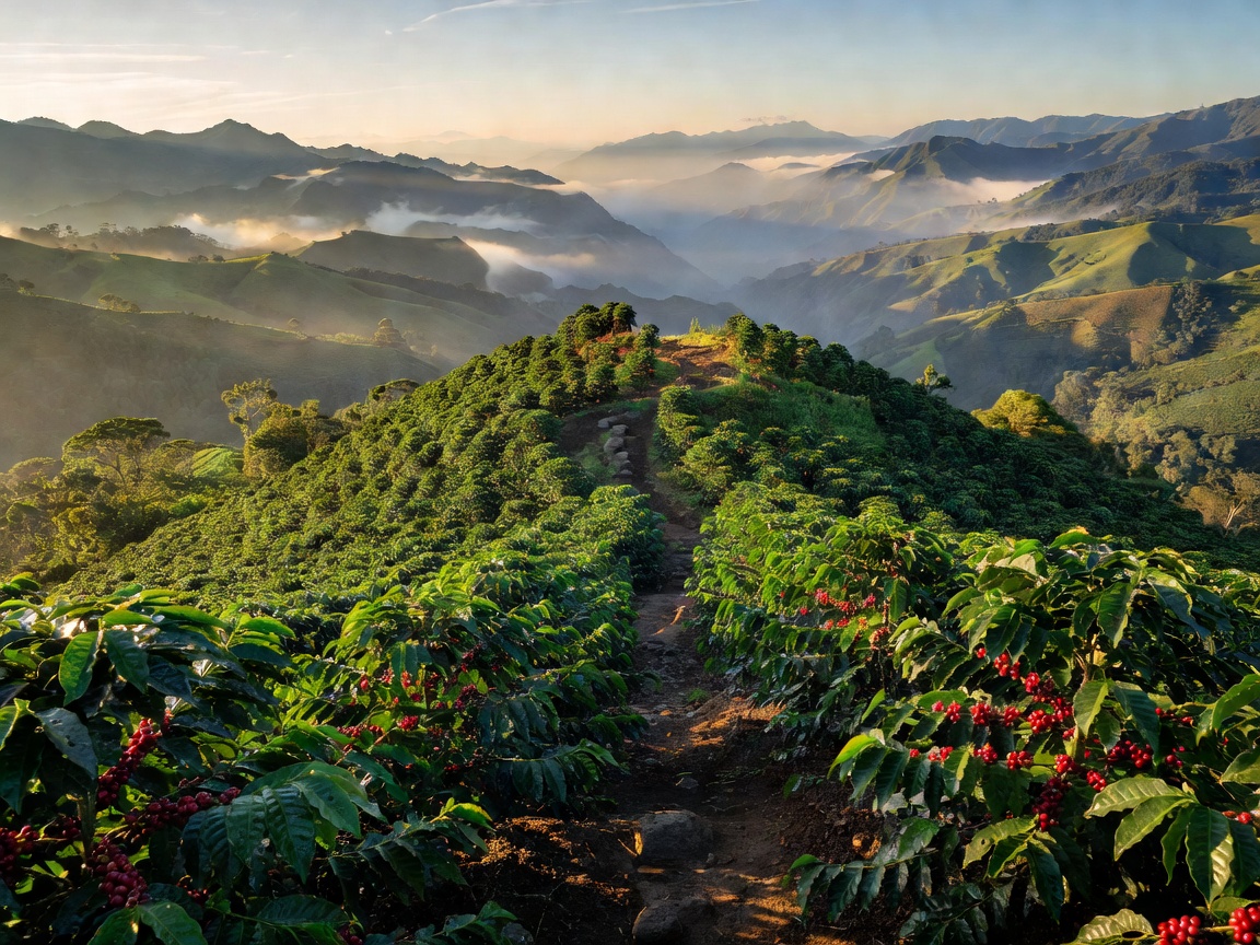 Highland coffee plantation in Huila region Colombia overlooking mountain valleys