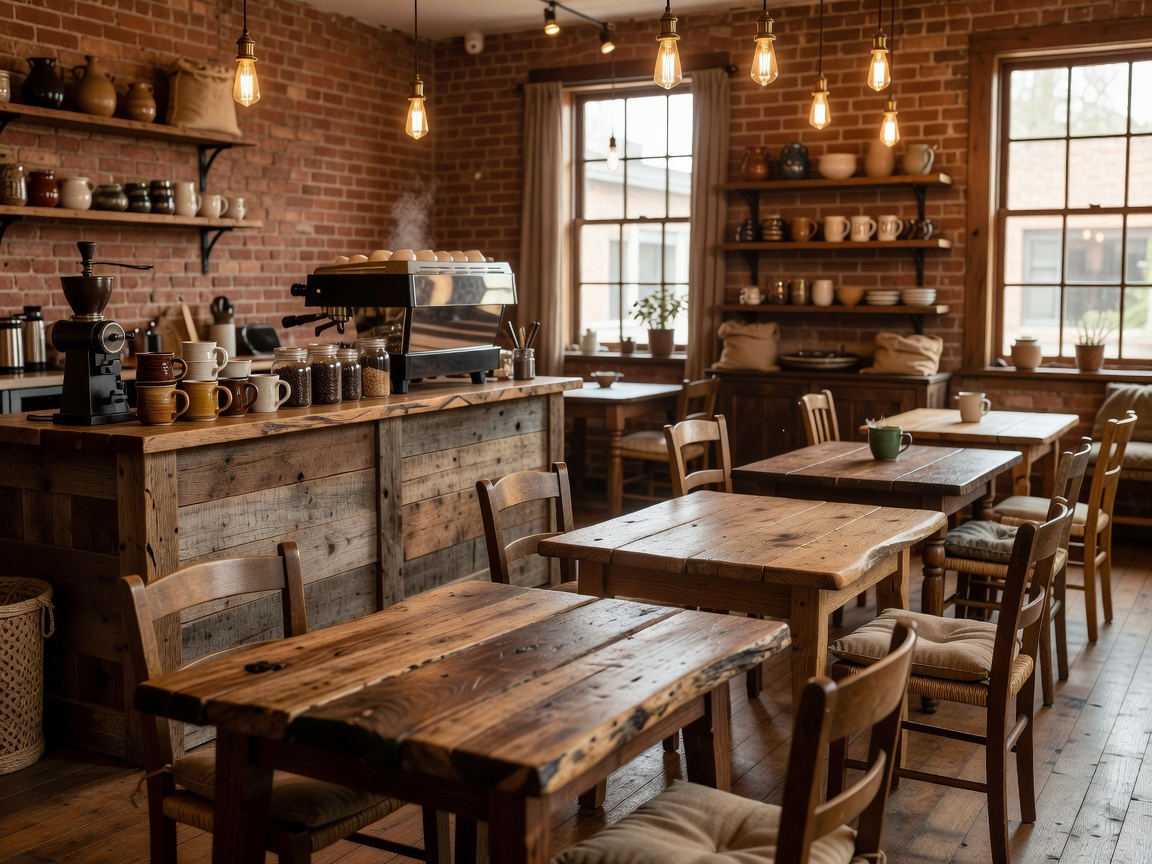 Cozy artisanal coffee shop interior with wooden tables