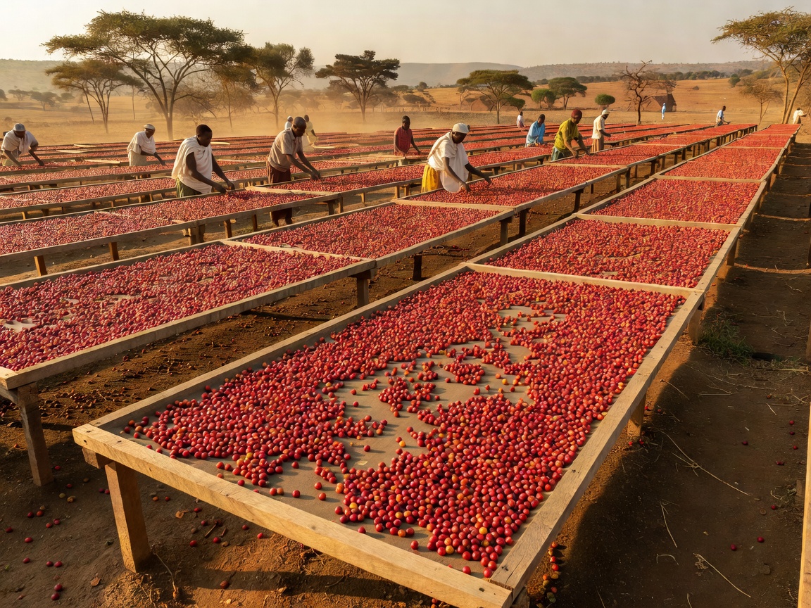 Ethiopian coffee cherries drying on raised African beds in Yirgacheffe region