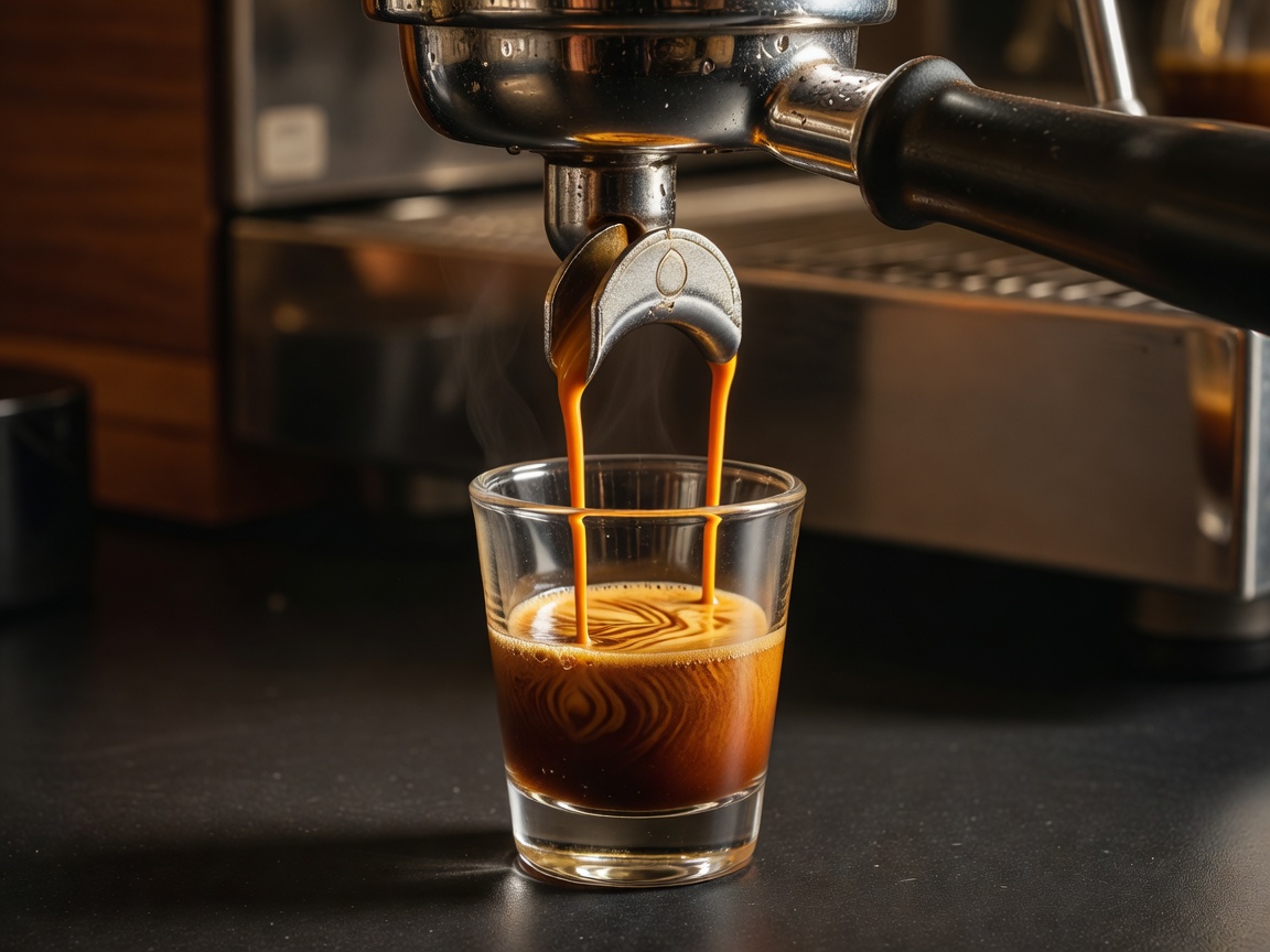 Fresh espresso extraction pouring from a portafilter