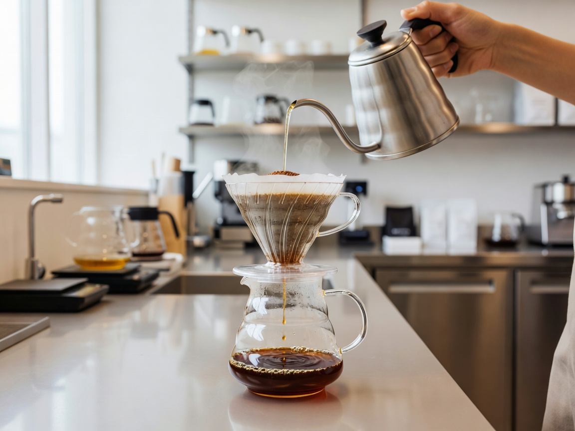 Barista preparing pour over V60 coffee cup