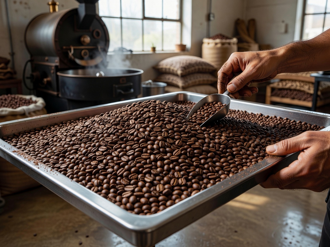 Freshly roasted coffee beans being inspected