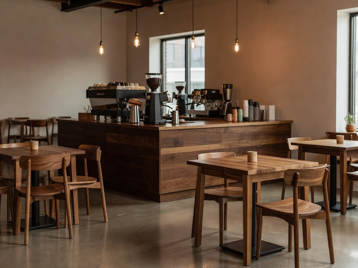 Interior view of Slow Pour Lab espresso shop with wooden furniture
